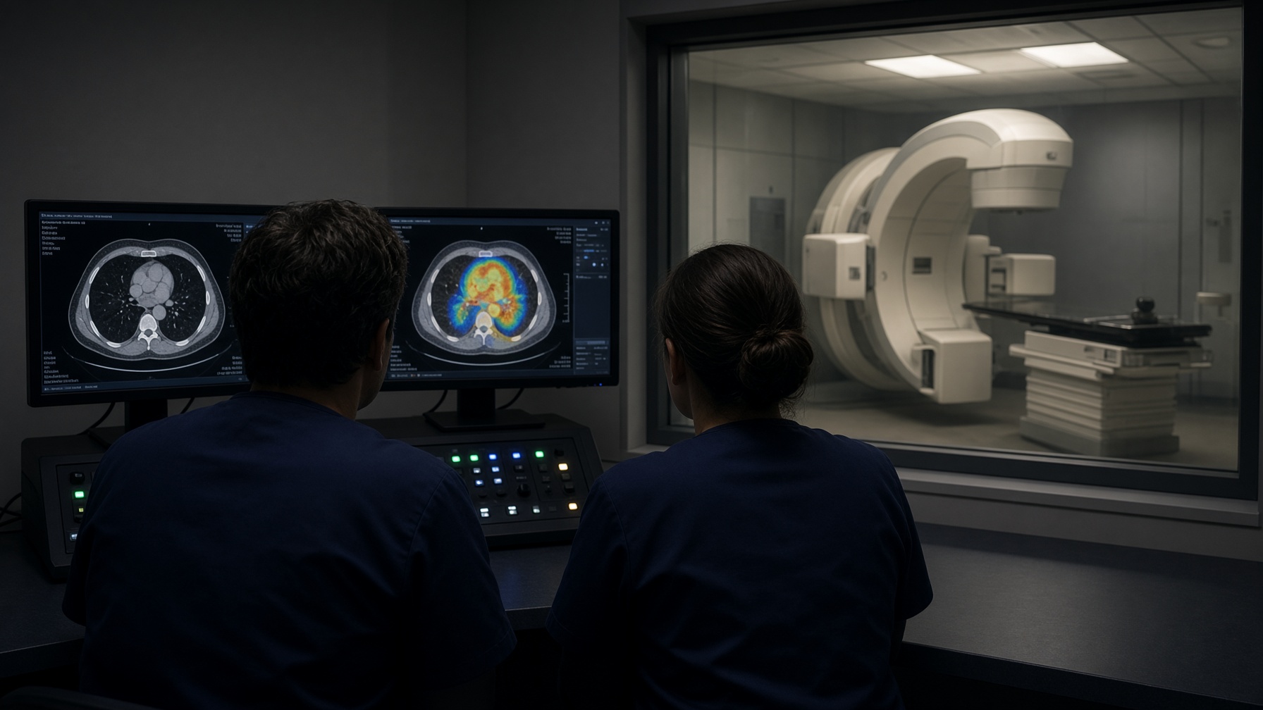 Radiation therapists at a linac console reviewing treatment imaging